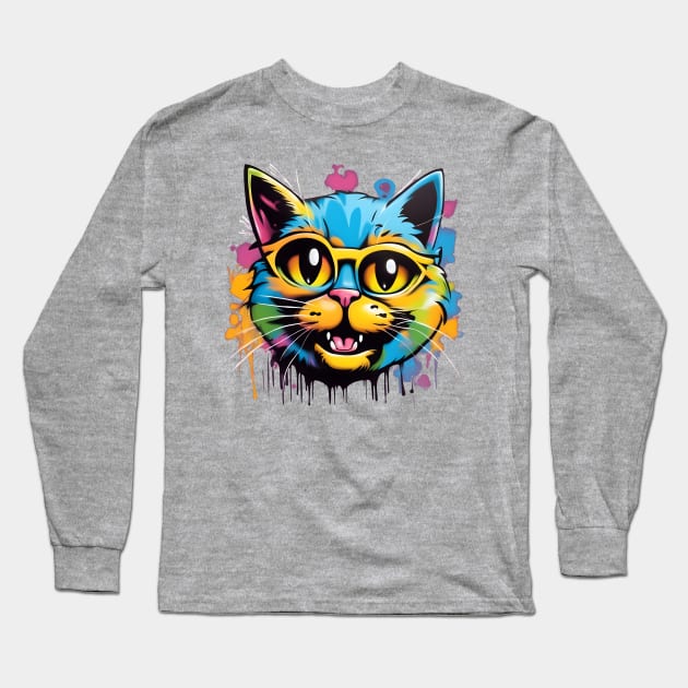 Colorful Graffiti Cat Long Sleeve T-Shirt by Ravenglow